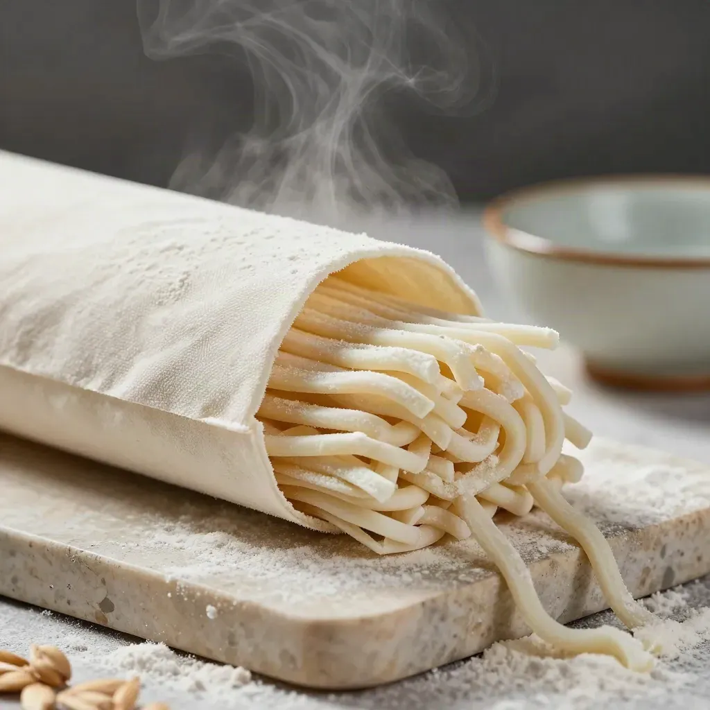Dried udon pack with noodles spilling onto travertine beside a ceramic dipping bowl