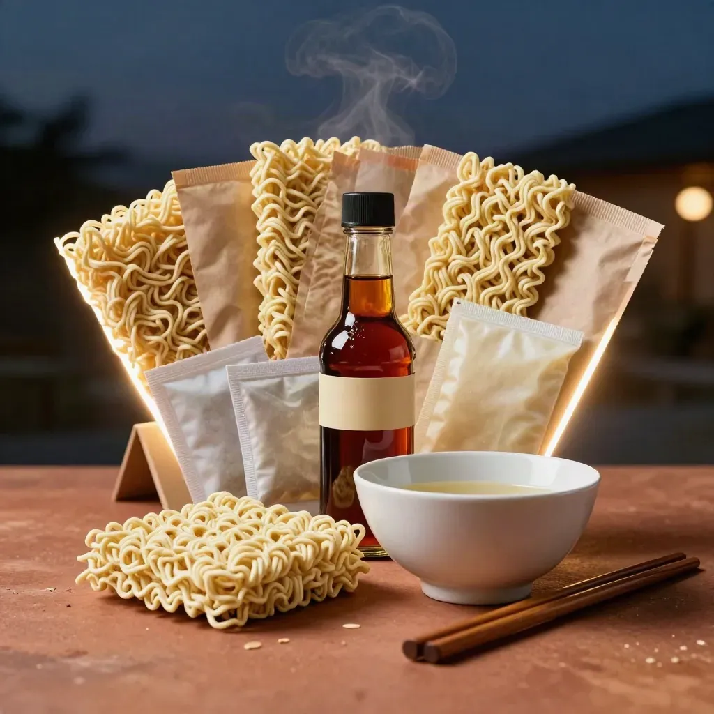 Open ramen bundle with noodles, chili oil, broth sachets, bowl, and chopsticks on terracotta.