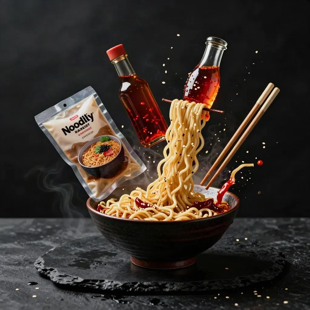 Dramatic ramen starter box with noodles, chili oil, broth pouch and chopsticks in a dark studio.