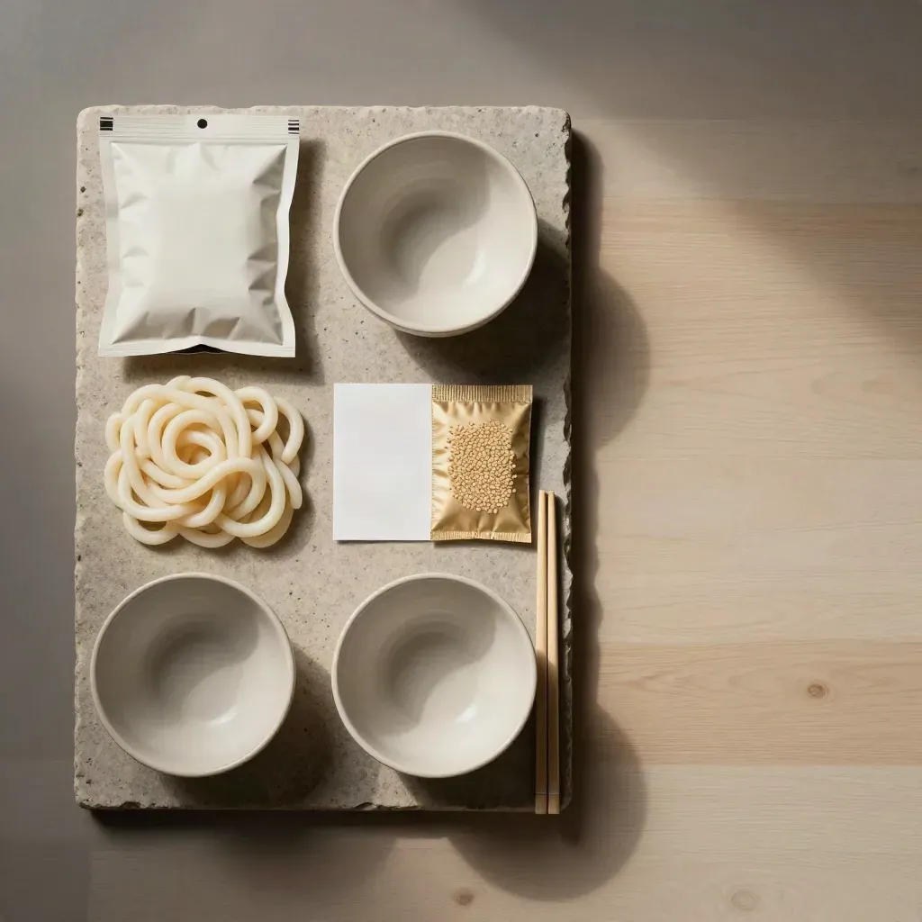 Overhead flatlay of udon noodles, broth pouches, bowls, chopsticks, and a blank recipe card.