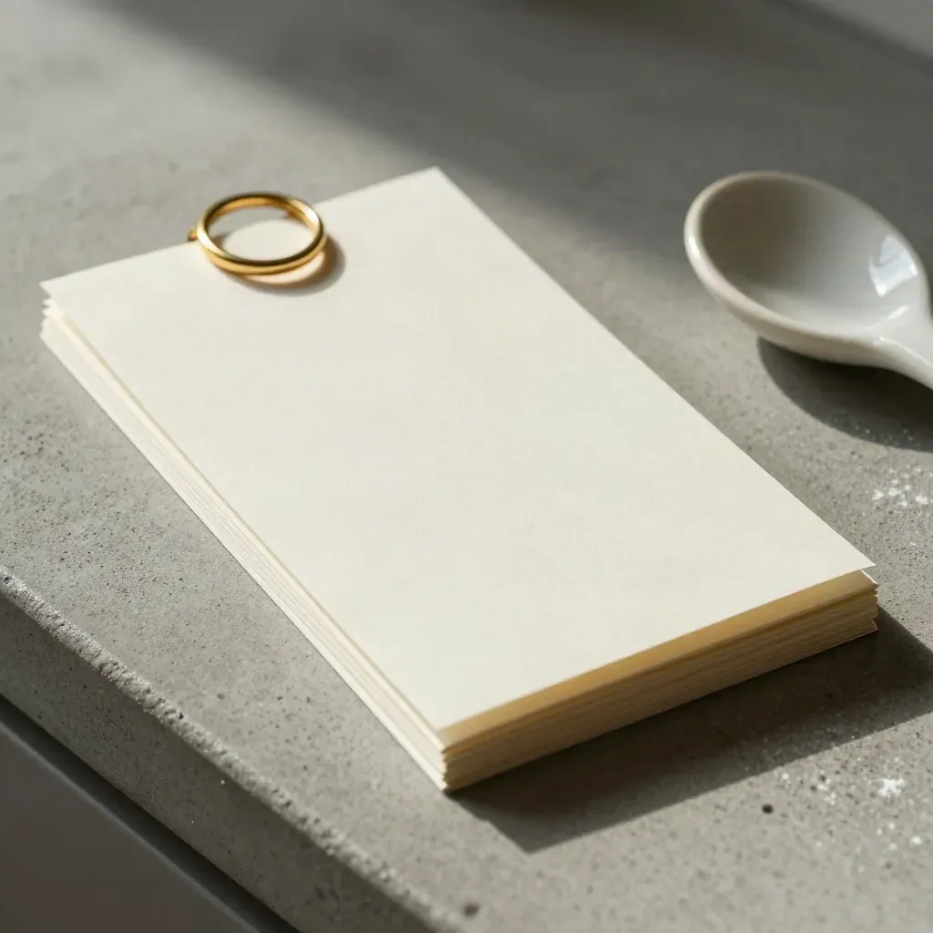 Blank cream recipe cards with a brass ring and ceramic spoon rest on concrete