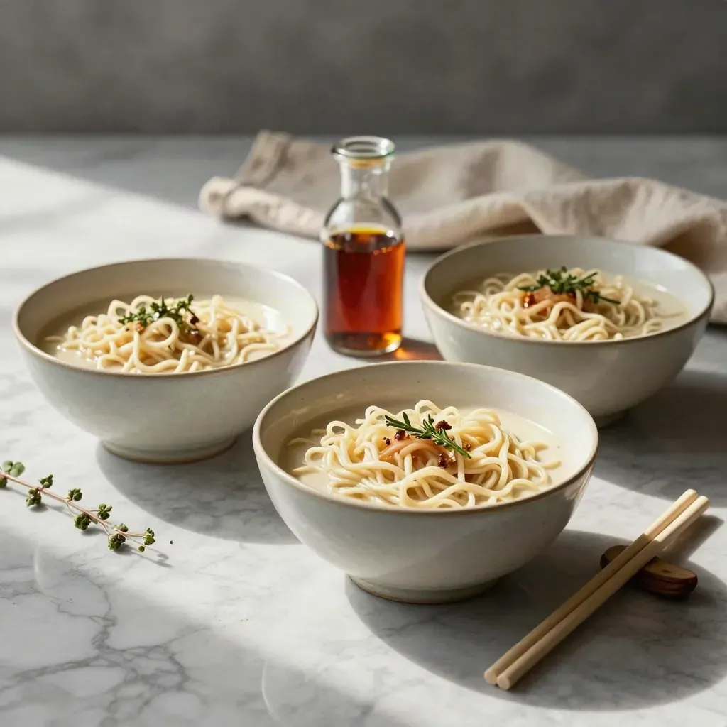 Marble ramen kit scene with ceramic bowls, noodles, herbs, and soft late-morning light.